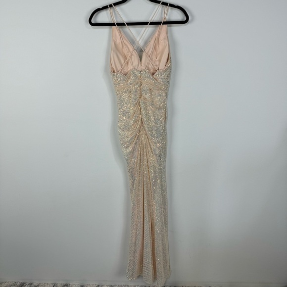 Fiesta Fashion Pink Bush Sequined Padded Strappy Back V Neck Slit Maxi Gown Dres - Picture 2 of 6